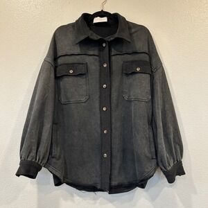 Holiday Mineral Wash Black‎ French Terry Button Down Shacket BWT424 Women's S